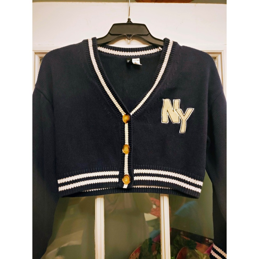 H&M Divided NY Cropped Varsity Cardigan S Navy Blue Preppy Collegiate